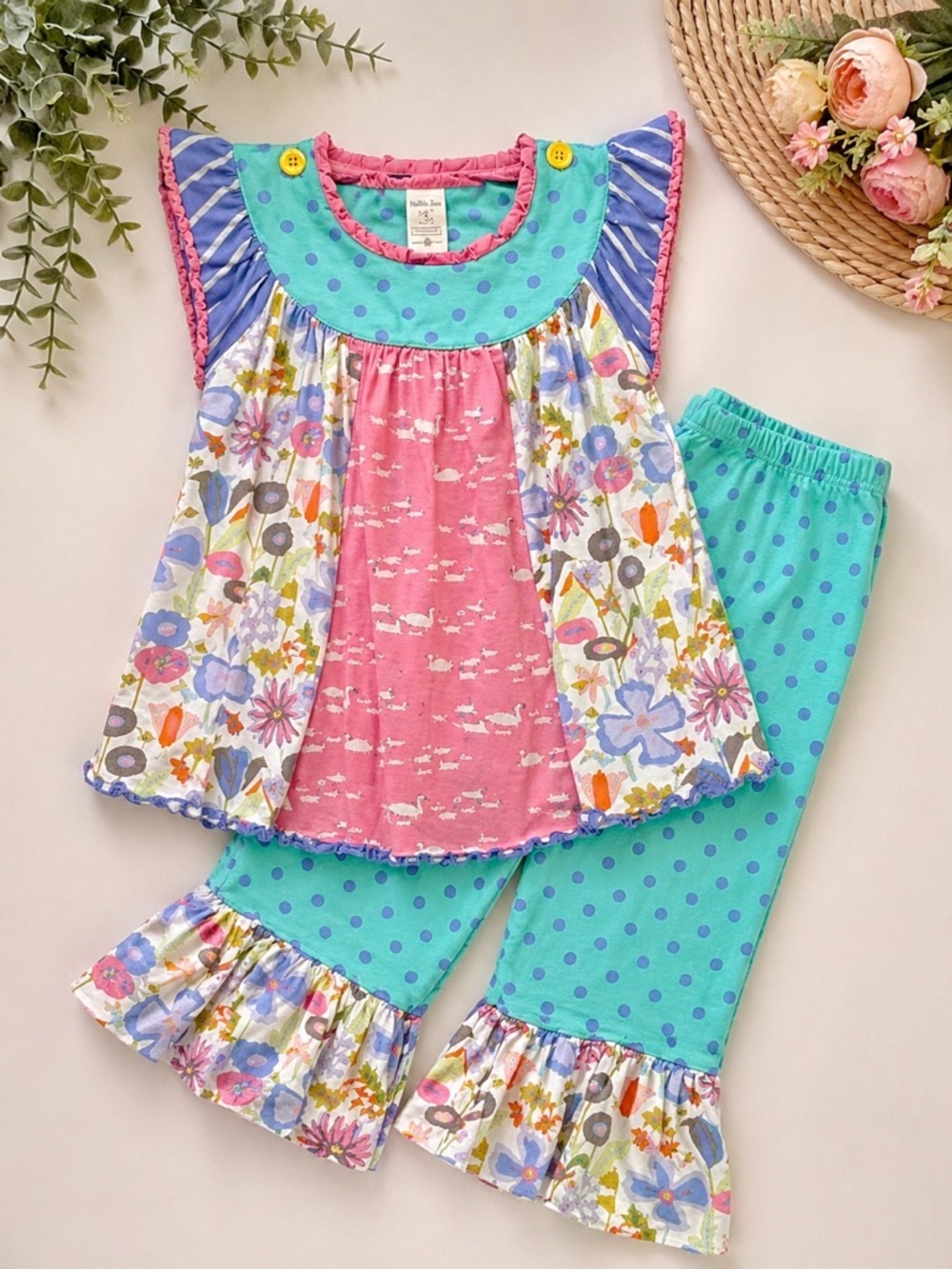 Matilda Jane Girls Size 8 Ruffle Pajama Set Patchwork Boutique EUC